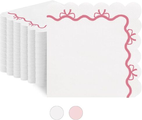 100 Pack Pink Bow Cocktail Napkins Scalloped Edges 5 x 5 Bachelorette Party Decoration Wedding Bridal Engagement Coquette Birthday Baby Shower Dinner Lunch Supplies in Saudi Arabia