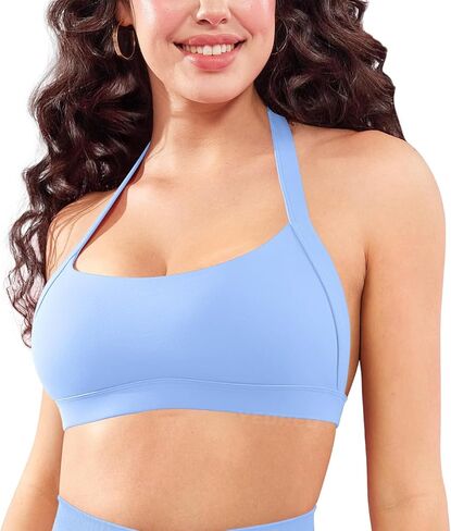 YEOREO Roxanie Women Halter Sports Bra Scoop Neck Removable Padded Open Back Yoga Workout Crop Tank Top in Kuwait