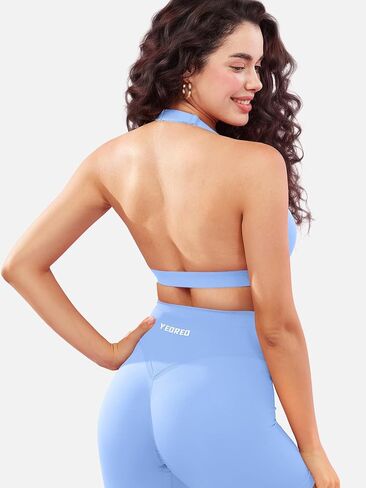 YEOREO Roxanie Women Halter Sports Bra Scoop Neck Removable Padded Open Back Yoga Workout Crop Tank Top in Kuwait