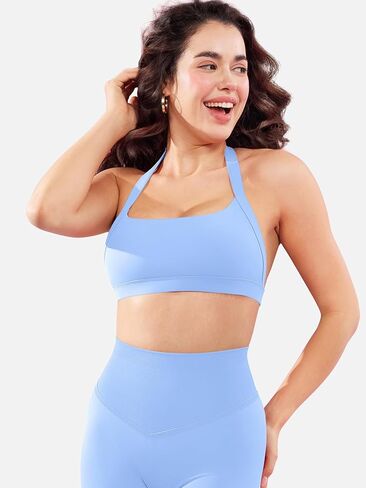 YEOREO Roxanie Women Halter Sports Bra Scoop Neck Removable Padded Open Back Yoga Workout Crop Tank Top in Kuwait