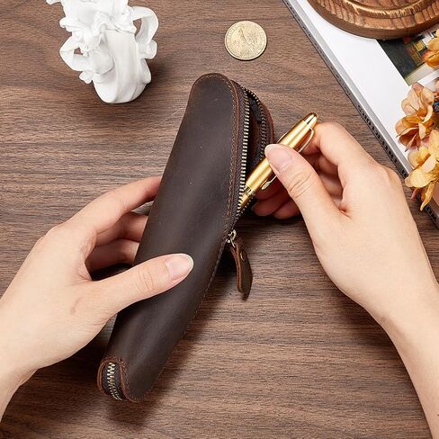GORGECRAFT Real Leather Pen Pouch Genuine Leather Pencil Case Handcrafted Crazy Horse Leather Pocket Bag Zippered Holder for Tools Office Reading Glasses Case Stationery Storage, Coconut Brown in Saudi Arabia