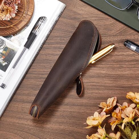 GORGECRAFT Real Leather Pen Pouch Genuine Leather Pencil Case Handcrafted Crazy Horse Leather Pocket Bag Zippered Holder for Tools Office Reading Glasses Case Stationery Storage, Coconut Brown in Saudi Arabia