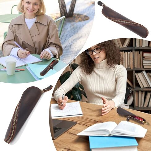 GORGECRAFT Real Leather Pen Pouch Genuine Leather Pencil Case Handcrafted Crazy Horse Leather Pocket Bag Zippered Holder for Tools Office Reading Glasses Case Stationery Storage, Coconut Brown in Saudi Arabia