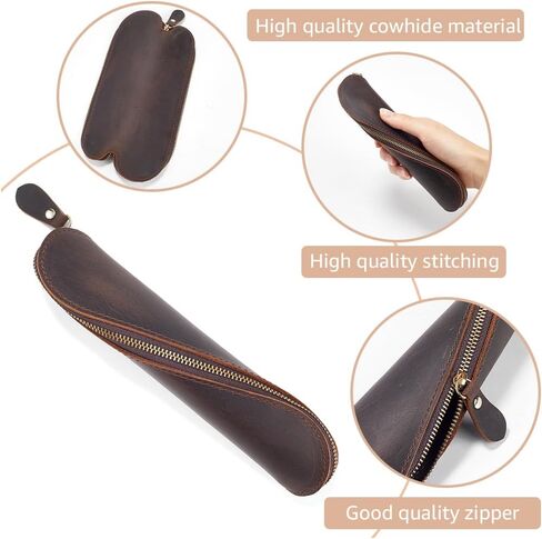 GORGECRAFT Real Leather Pen Pouch Genuine Leather Pencil Case Handcrafted Crazy Horse Leather Pocket Bag Zippered Holder for Tools Office Reading Glasses Case Stationery Storage, Coconut Brown in Saudi Arabia