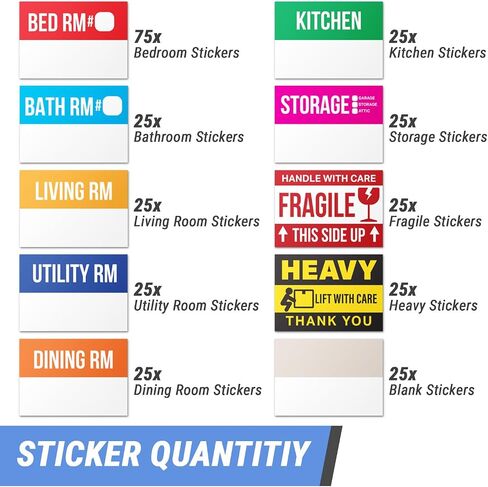 Home Moving Labels (3 x 2 inch, 10 Designs - 300 Labels) for 1-2 Bedroom, Color Coded Moving Stickers w/Writable Note Area, Fragile, Heavy & Extra Blank Stickers in Kuwait