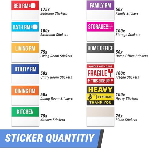 Home Moving Labels (3 x 2 inch, 10 Designs - 300 Labels) for 1-2 Bedroom, Color Coded Moving Stickers w/Writable Note Area, Fragile, Heavy & Extra Blank Stickers in Kuwait