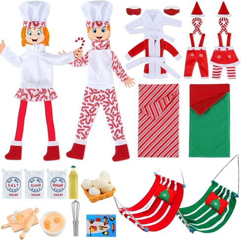 36 Pcs Christmas Elf Clothes Doll Accessories Elf Accessories with Christmas Sleeping Bag Bathrobe Apron and Chef Hat Scarf Skirts Christmas Elf Hammock Xmas Accessory for Doll Decorations (Classics) in Saudi Arabia