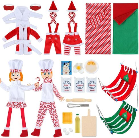 36 Pcs Christmas Elf Clothes Doll Accessories Elf Accessories with Christmas Sleeping Bag Bathrobe Apron and Chef Hat Scarf Skirts Christmas Elf Hammock Xmas Accessory for Doll Decorations (Classics) in Saudi Arabia