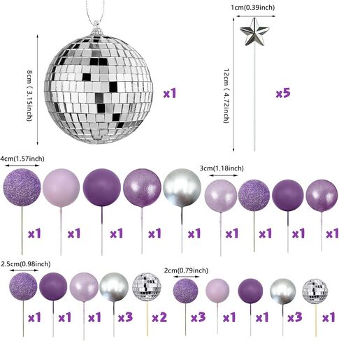 32PCS Disco Purple Ball Cake Topper Decoration for Wedding Birthday Baby Shower Party Cake Decoration Supplies in Saudi Arabia