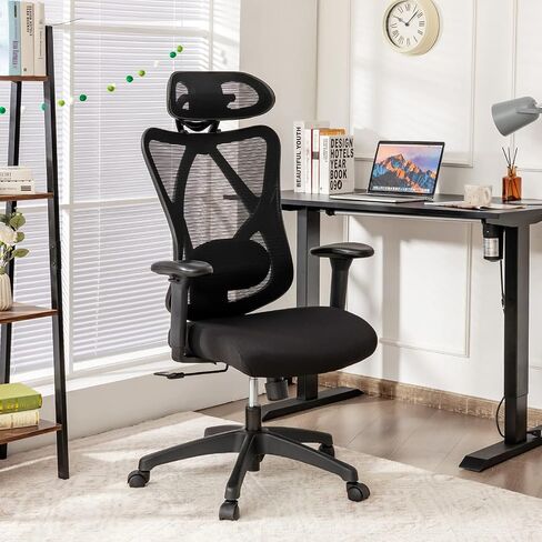 Giantex Ergonomic Office Chair with Adjustable Lumbar Support, Armrests and Headrest, High Back Computer Desk Chair with Casters, Swivel Executive Mesh Chair for Home Office (Black) in Saudi Arabia