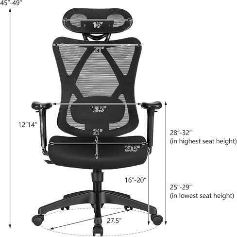 Giantex Ergonomic Office Chair with Adjustable Lumbar Support, Armrests and Headrest, High Back Computer Desk Chair with Casters, Swivel Executive Mesh Chair for Home Office (Black) in Saudi Arabia