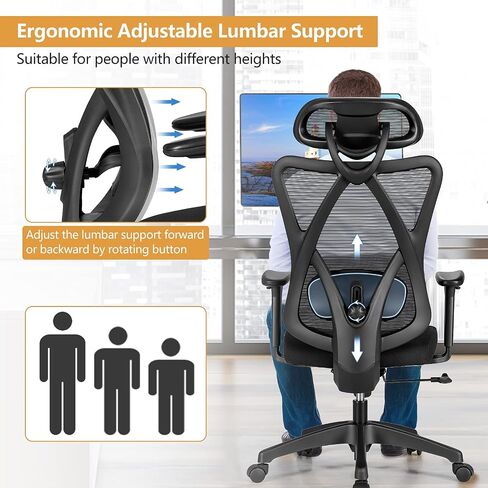 Giantex Ergonomic Office Chair with Adjustable Lumbar Support, Armrests and Headrest, High Back Computer Desk Chair with Casters, Swivel Executive Mesh Chair for Home Office (Black) in Saudi Arabia