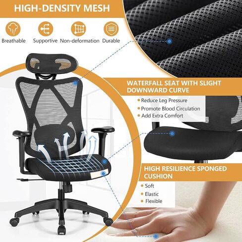Giantex Ergonomic Office Chair with Adjustable Lumbar Support, Armrests and Headrest, High Back Computer Desk Chair with Casters, Swivel Executive Mesh Chair for Home Office (Black) in Saudi Arabia