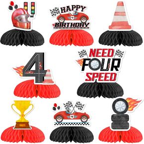 Race Car 4th Birthday Party Decorations - 8pcs تحتاج إلى أربع سرعات قرص قرص العسل المركزية ، وسباق عتيقة ، زخارف طاولة عيد الميلاد الرابعة