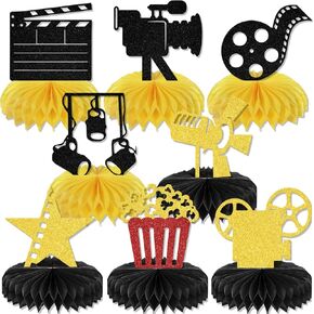 8pcs أفلام مركزية Honeycomb ، موضوع فيلم كوميديا ​​كوميديا ​​الأفلام الديكور ، أفلام ديكور حفلة عيد ميلاد للأطفال ، هوليوود موضوع العازبة الحفلات لوازم الذهب الأسود بريق