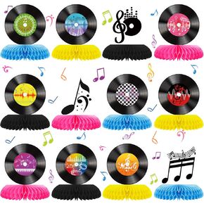 12 PCS 50S سجل قرص العسل المركزي الرجعية 80s 90s موسيقى الروك أند رول ديكور ديكور ثلاثي الأبعاد ملاحظات مركزية لعيد ميلاد حفلة موسيقية في الخمسينيات من القرن الماضي