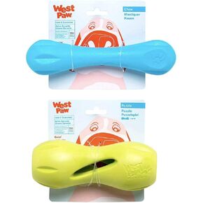 West Paw Zogoflex Qwizl Dog Puzzle Treat (كبير ، Granny Smith) و Zogoflex Hurley Dog Bone Tuy (كبيرة ، أكوا) - ألعاب الحيوانات الأليفة القابلة للطفو للمضغ العدوانيين ، الصيد ، الجلب