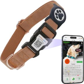 Leather Dog Collar with Waterproof AirTag Holder - QR Code Buckle, Adjustable Length for Fit Small Dogs (Brown, Small Dogs)