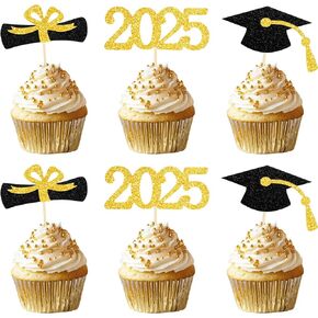 Graduation Cupcake Toppers 48PCS Glitter Class of 2025 Cupcake Toppers 2025 Congrats Grad Cap Diploma Cupcake Picks Graduation Theme Party Decorations Grad Cap Set