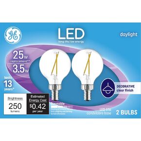 GE LED Light Bulbs, 60 Watt, Daylight, G16 Globe Bulbs, Clear, Small Base (2 Pack)