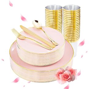 LIYH 180PCS Pink Plastic Plates - Pink Plastic Dinnerware Set Include Pink Disposable Plates, Pink Salad Plates, Gold Plastic Silverware for Wedding Party&Valentine's Day 30 Guests