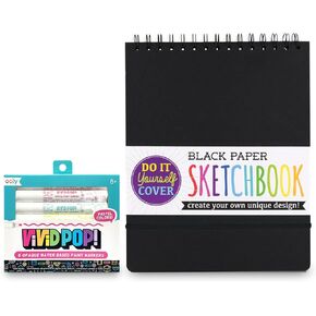 Ooly Vivid Pop! Pastel [Set of 8] Super Bright Water Based Paint Markers & DIY Cover Large Sketchbook, 8 x 10.5 Inches, Black Paper Sketchbook, Drawing Book for Kids