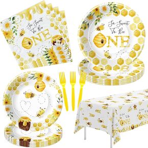 First Bee Day Party Party Decorations أدوات المائدة-لوازم حفلة عيد ميلاد Bee الأولى ، اللوحة ، منديل ، مفرش المائدة ، شوكة ، أدوات مائدة عشاء Bumble Bee Beaft لعيد ميلاد عمره عام واحد | خدمة 24