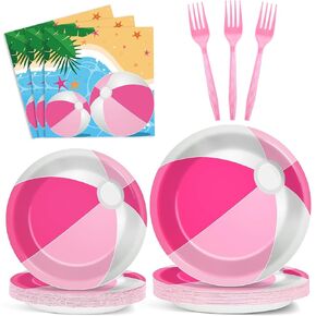 96 PCS Pink Beach Ball Party Supplies أدوات المائدة الأدوات الصيفية حمامات السباحة لوحات ورق الحفلات والمناديل مجموعة الشاطئ عيد ميلاد الحفلات ديكورات للأطفال ديكور عيد ميلاد الطفل يقدم 24