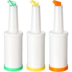 CHENGU 6 Pcs Bar Pour Colorful Juice Pouring Bottle Containers 34 oz Plastic Juice Dispensers for Bar Home Party Kitchen Supplies (White,Orange,Red,Yellow,Blue,Green)