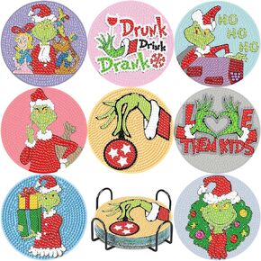 tigdtiu 8Pcs Diamond Art Coasters with Holder,DIY Christmas Life Coaster Diamond Painting Kits for Adults, Snowman Beginners Round Full Drill Diamond Art Craft Supplies