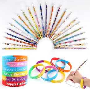 48pcs عيد ميلاد سعيد أساور المطاط تشمل مجموعة 24 قلم رصاص 24 أقلام أساور السيليكون ، وفضلات الحفلات للطلاب للطلاب.
