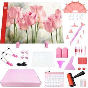 Muzagroo Art A4 LED Light Pad لمجموعات اللوحات الماسية للبالغين مع أدوات وملحقات فن الماس ، لوحة ضوء سطوع قابلة للتعديل بالطاقة USB للرسم ، الوشم ، الرسم (Pink ، A4)