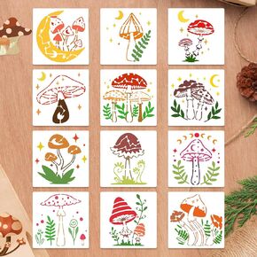 12PCS Mushroom Stencils, Reusable Plastic Craft Stencil, Mushrooms Moon Plants Drawing Template, DIY Art Decor for Painting on Wall Canvas
