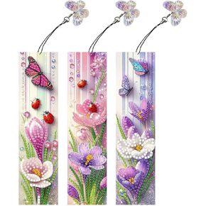3Pcs DIY Diamond Art Painting Bookmarks with Colorful Butterfly Pendant PET Bookmark Ornament Double Sided Pattern Single Sided Diamond Book Marker Clip Gifts Tags-Flower Hummingbird