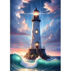 HEIBAGO Beacon Diamond Painting Kits for Adults, 5D DIY Fantasy Full Drill Round Diamond Art Kits with Waves Diamond Painting, Diamond Dots Perfect for Home Wall Decor 12x16inch