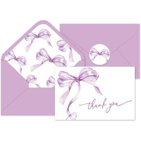Whaline 24pcs Pink Bow شكرًا لك بطاقات مع الأظرف والملصقات بطاقات المعايدة للألوان المائية