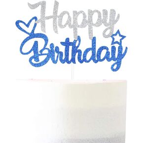 Blue & Silver Glitter "Happy Birthday" Topper - Plitter Paper & Stick - جاهز للاستخدام