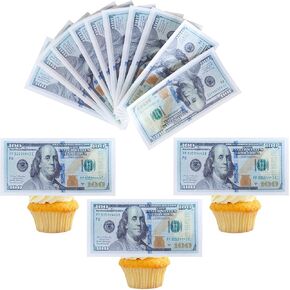 Gyufise 50pcs Money Money Cake Topper Wefer Paper 100 الدولار زخارف كعكة زخارف Precut مزيفة