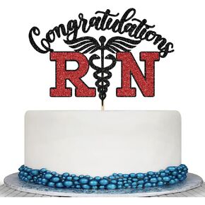 براقة تهانينا RN كعكة Topper - RN Decorations 2025 - تهانينا ممرضة ، زينة حفل التخرج من كلية الطب ، أسود وأحمر