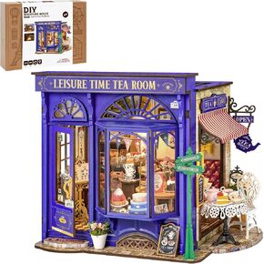 روبوت الوقت DIY Miniature House Kit ، Bakery Diorama House ، Tiny House Kit للبالغين ، مجموعة Mini Dollhouse مع الأثاث عيد ميلاد الهوايات هدية للعائلة/الأصدقاء (غرفة شاي وقت الترفيه)