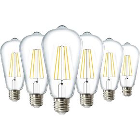 Sunco 6 Pack 60W Vintage LED Edison Bulbs Equivalent 8.5W CRI92 800 Lumens, Dimmable ST64 Filament 3000K Warm White E26 Medium Base Light Bulbs High Brightness Clear Glass Waterproof UL