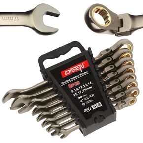 DISEN 90 Teeth Ratcheting Wrenches Set 26 Piece, Fixed Head Combination Wrenches Metric 6MM-19MM and SAE 1/4 Inch-13/16 Inch, Cr-V Steel, 12 Point, Nickel Plating with Organizer