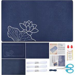 FREEBLOSS Sashiko Tea Mat Kit Lotus Sewing Coaster Kit Sashiko Starter Kit with Instructions Sashiko Supplies Japanese Needlework Kit for Beginners Adults Housewarming Gift