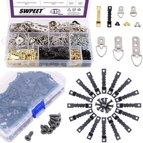 Swpeet 635Pcs Picture Hangers Kit 415Pcs Picture Hangers Kit with Screws, Heavy Duty Assorted Picture Hangers Assortment Kit for Picture Hanging Solutions with Transparent Box