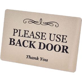 Please Use Back Door Sign - Metal, aluminium with adhesive, notice for deliveries, packages, post (Silver)