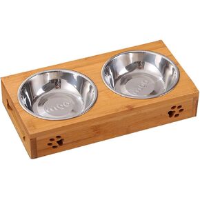 Creation Core Solid Bamboo Elevated Pet Dinner Feeder for Small Dogs and Cats Raised Stand with Three Ceramic Bowls