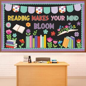 Reading Makes Your Mind Bloom Bulletin Board Set Spring Theme Flower Classroom Decoration Retro Book Floral Cutouts for Schools Library Office Wall Chalkboard Back to School Decor Supplies