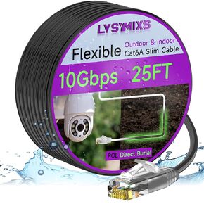 Cat6a Slim Ethernet Patch Cable 75ft Outdoor & Indoor, Flexible 10G Cat6 Internet Network Cable Waterproof Direct Burial LLDPE UV Jacket, Pure Copper Cat 6 Ethernet Cable for POE Camera, White