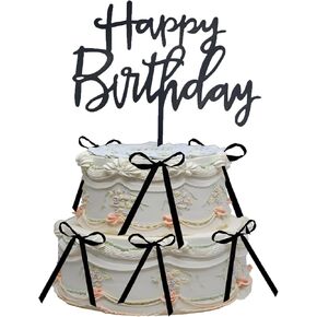 Black Bow Satin Ribbon Cake Topper and Happy Birthday Sign for Wedding Birthday Bridal Coquette Party Girl Boy DIY Cake Dessert Decorations Supplies