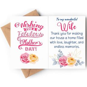 Mothers Day Card for Wife from Husband - 5x7 inch Folded Card include Envelope, Sticker - Blank Inside - Sweet, Unique & Romantic Gift, Embossed